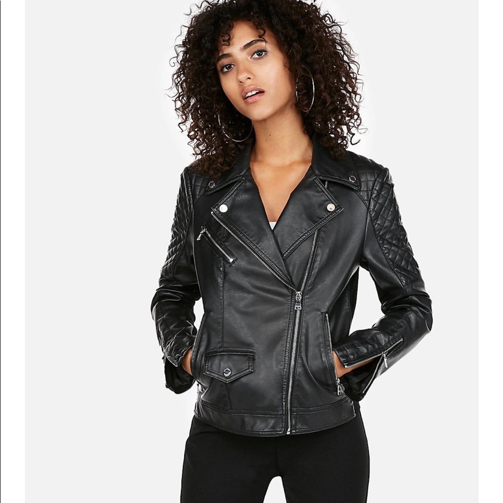 NWT Express Faux Leather Quilted Jacket in Pitch Black, Size S
